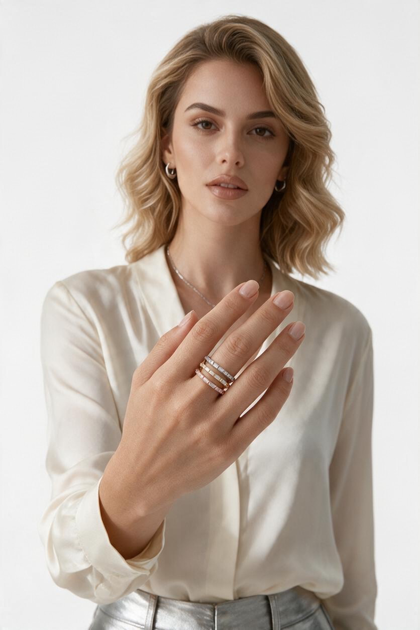 Sterling Silver, Tri-Color Baguette and Beaded Eternity Triple Band Ring