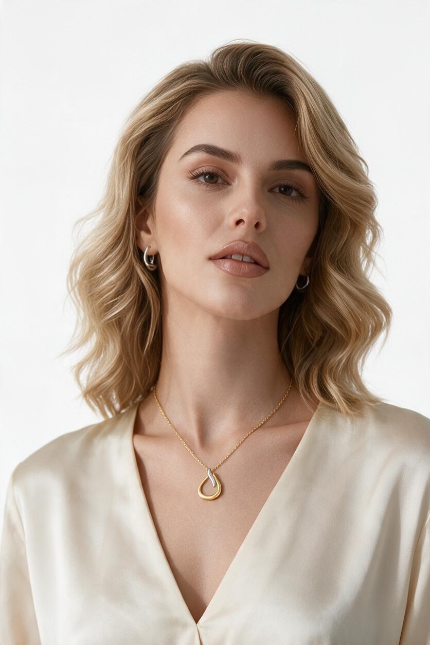 Sterling Silver, Polished Pearshaped Necklace and Earrings - Two-Tone