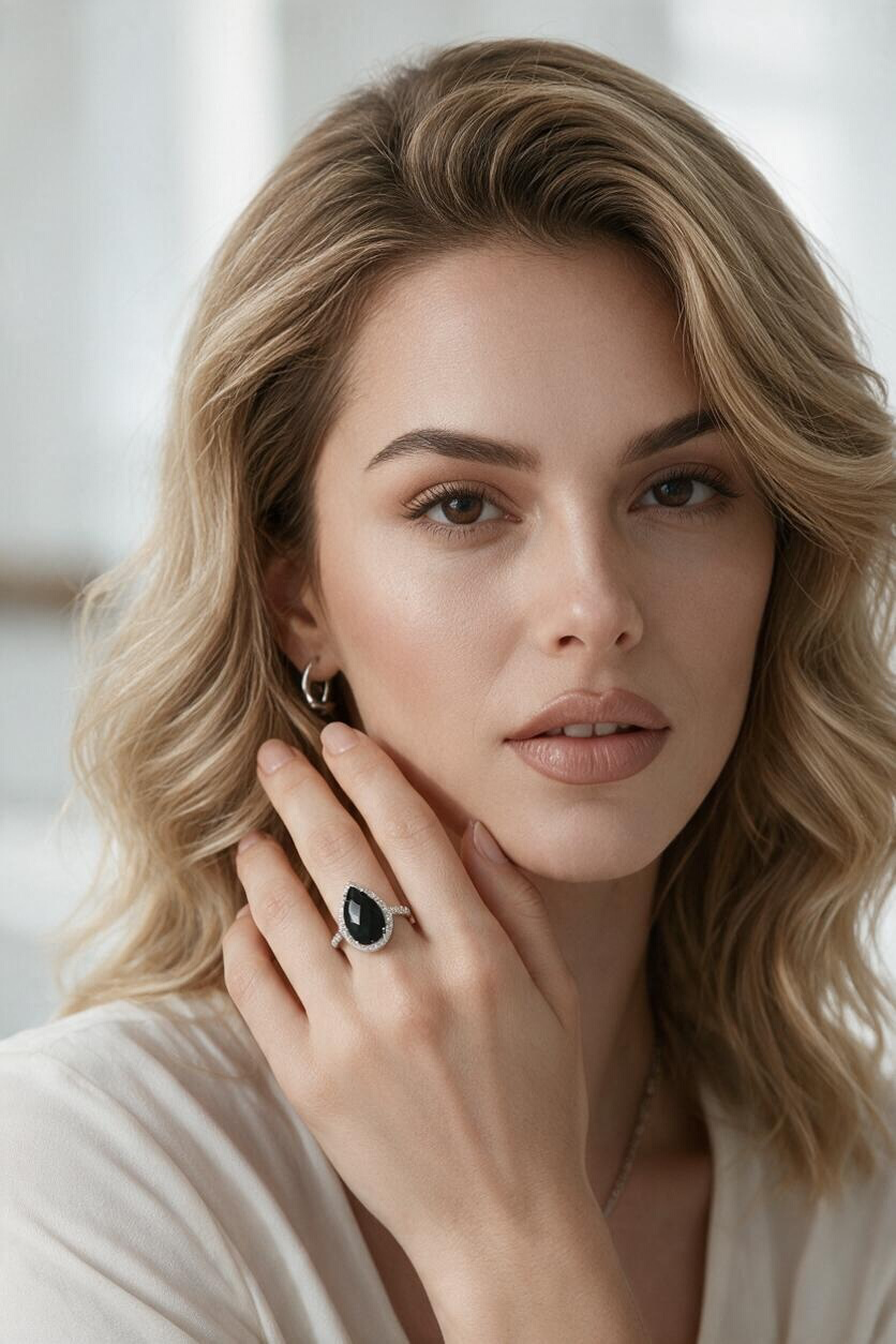 Sterling Silver Diamond with Gem Large Teardrop Ring - Black Onyx