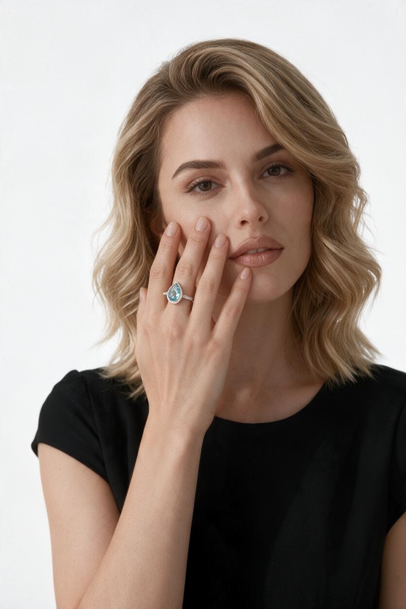 Sterling Silver Diamond with Gem Large Teardrop Ring - Blue Topaz