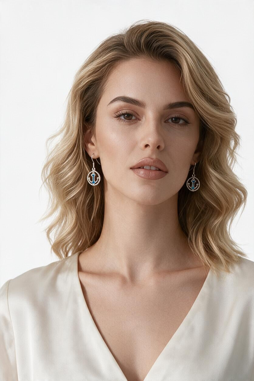 Sterling Silver Open Rope Design Circle with Center Large Blue Inlay Opal Anchor Earrings