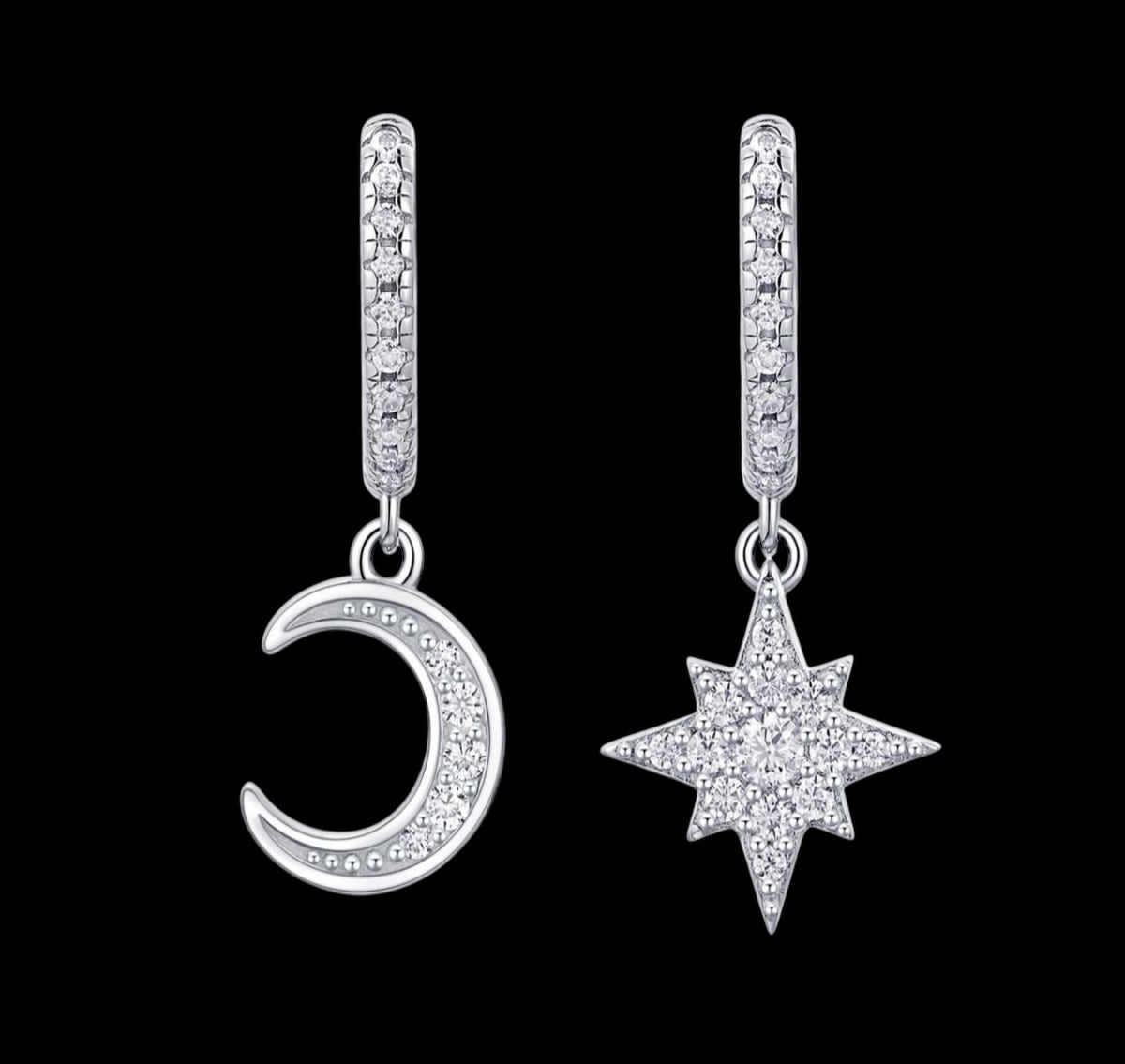 925 Sterling Silver Moon Star Moisannite Drop Earrings