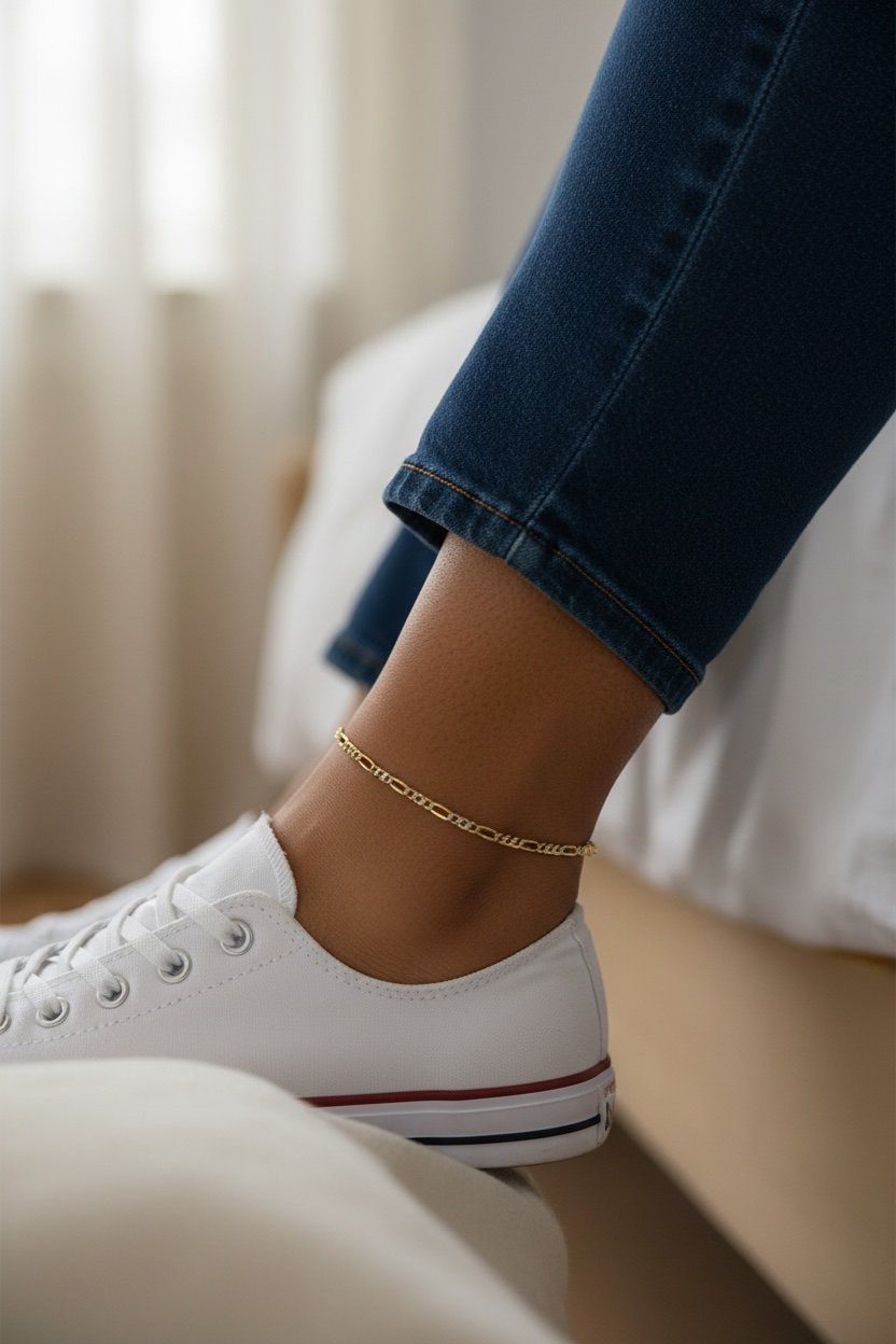 Sterling Silver Pave Figaro Anklet - Gold Plated 9 inches