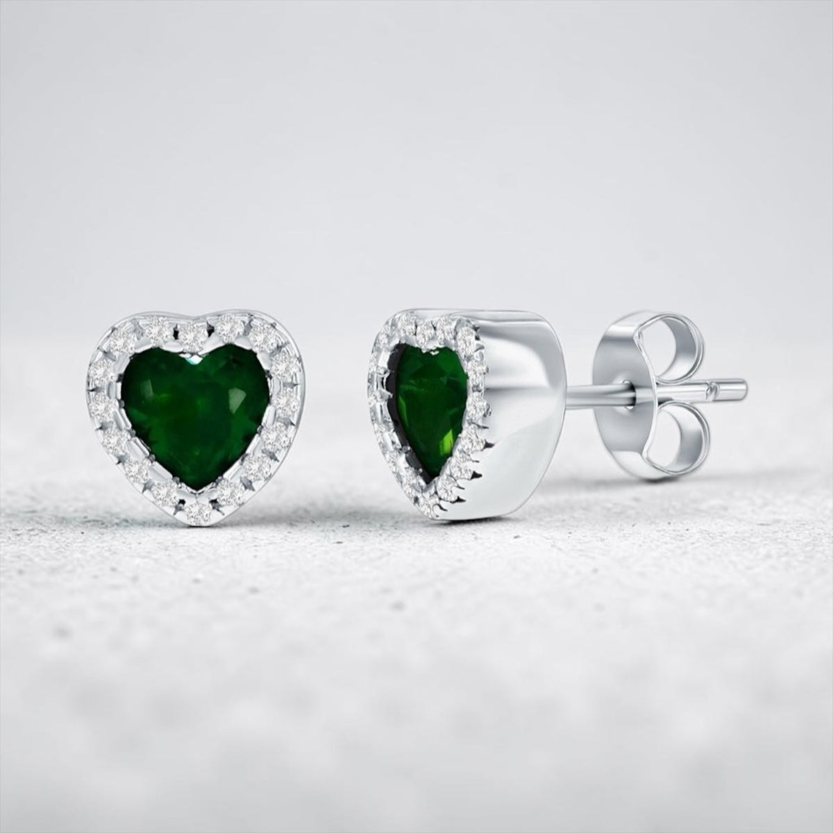 Sterling Silver Crystalline Heart Stud Earrings - Emerald