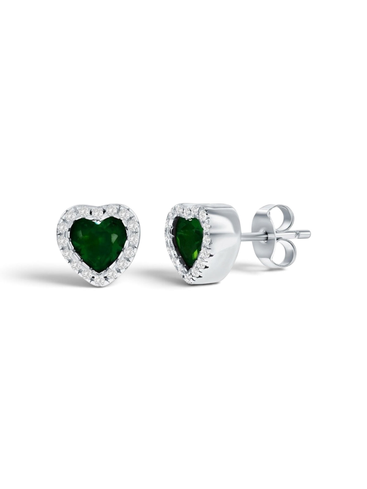 Sterling Silver Crystalline Heart Stud Earrings - Emerald