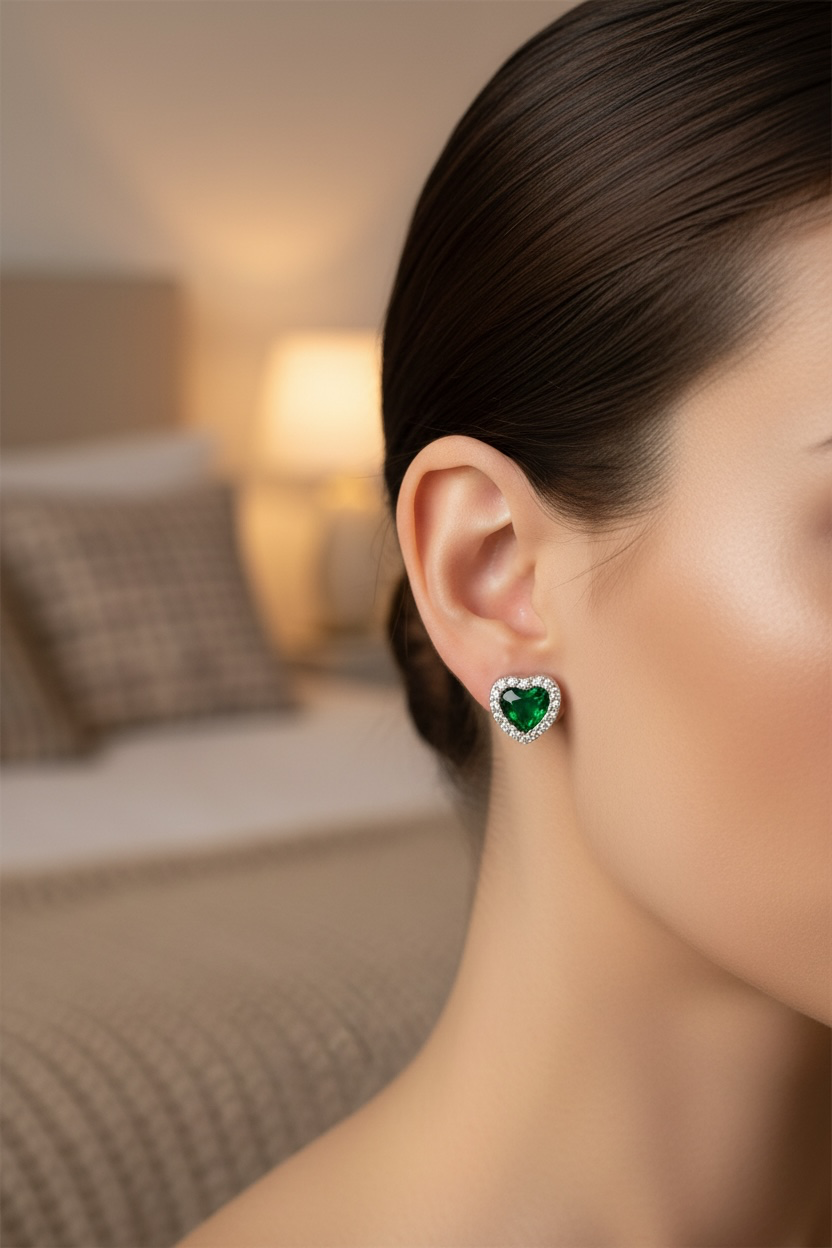 Sterling Silver Crystalline Heart Stud Earrings - Emerald