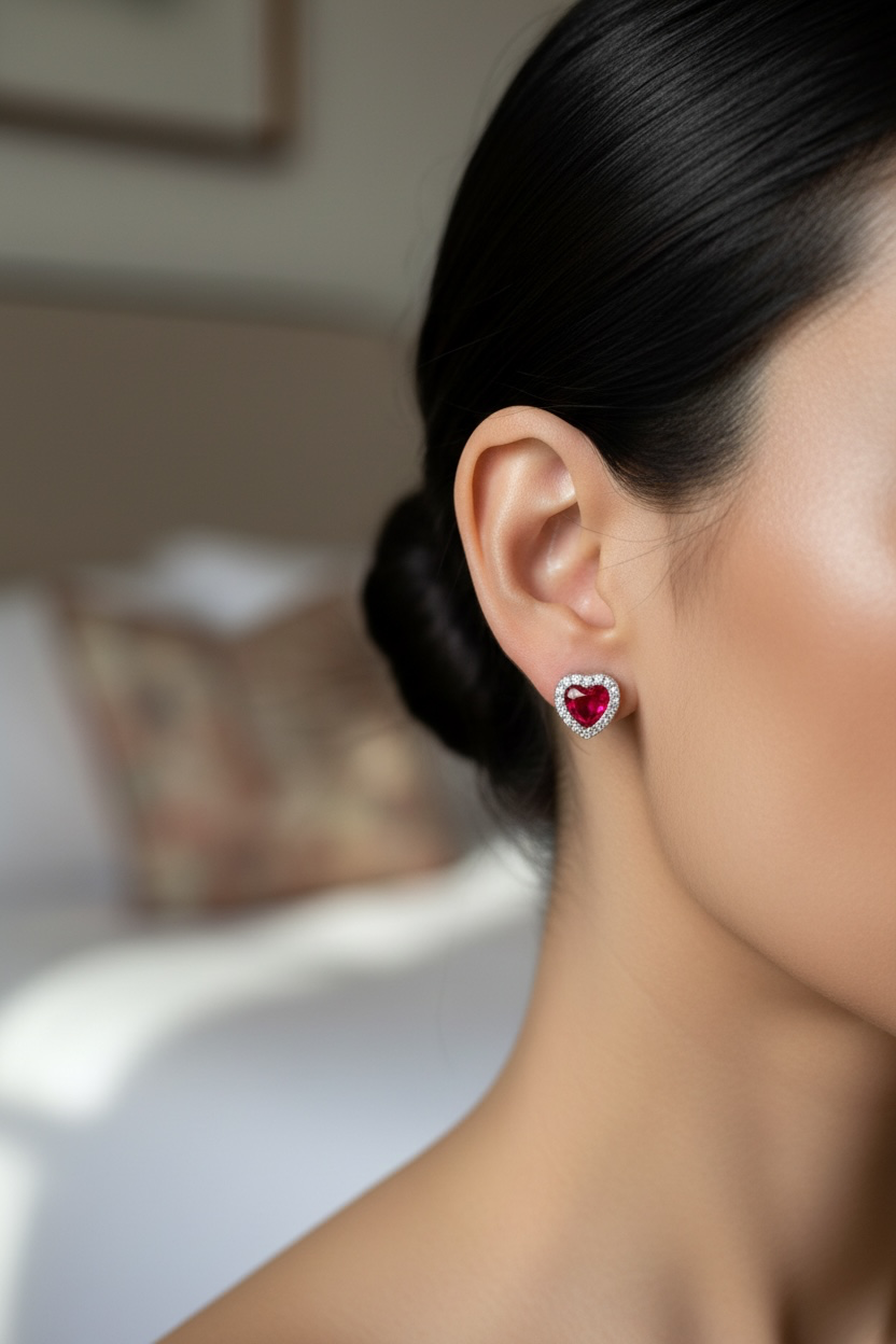 Sterling Silver Crystalline Heart Stud Earrings - Ruby