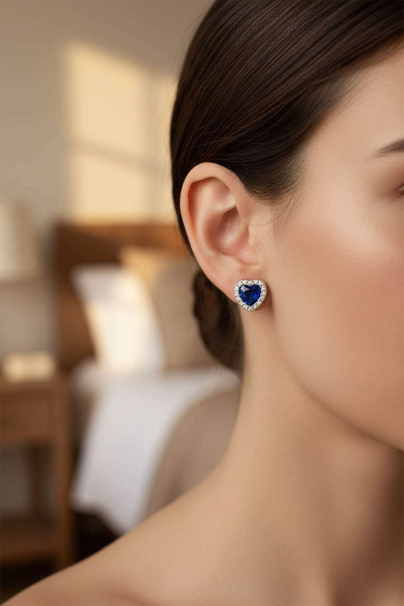 Sterling Silver Crystalline Heart Stud Earrings - Sapphire