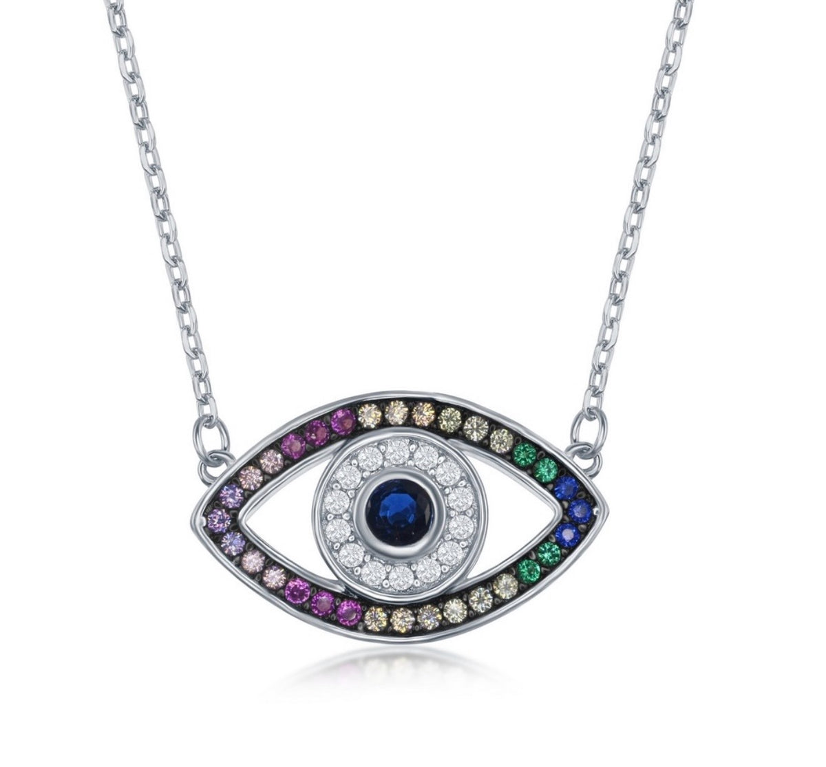 Sterling Silver, Rainbow Evil Eye Necklace