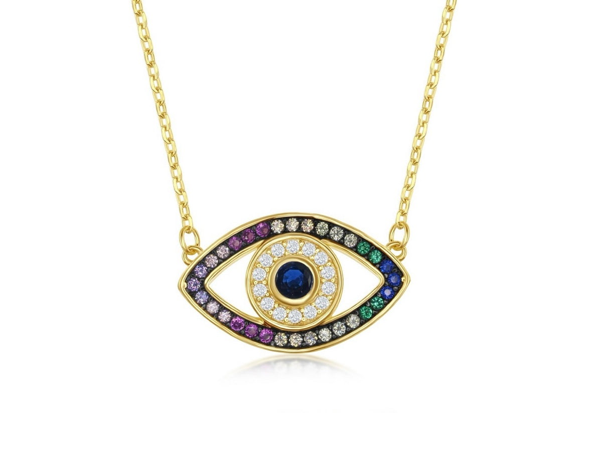 Sterling Silver, Rainbow Evil Eye Necklace Gold