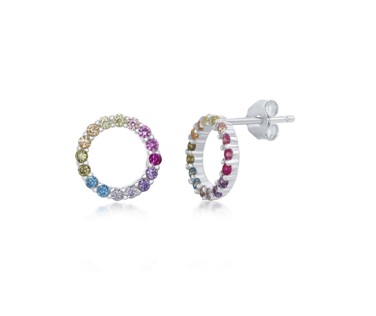 Sterling Silver Rainbow Open Circle Stud Earrings