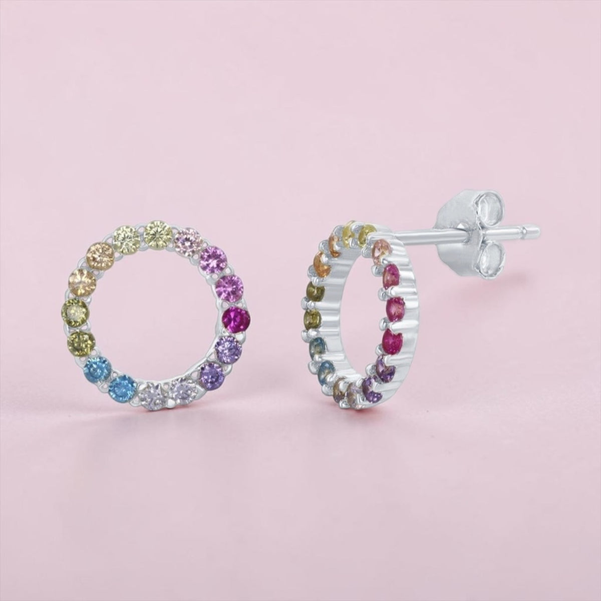 Sterling Silver Rainbow Open Circle Stud Earrings