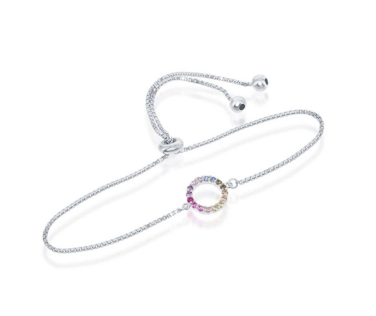 Sterling Silver, Rainbow Open Circle With Box Chain Adjustable Bolo Bracelet