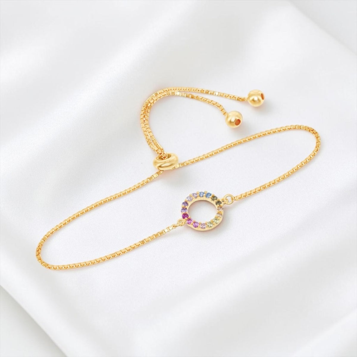 Sterling Silver, Rainbow Open Circle With Box Chain Adjustable Bolo Bracelet Gold