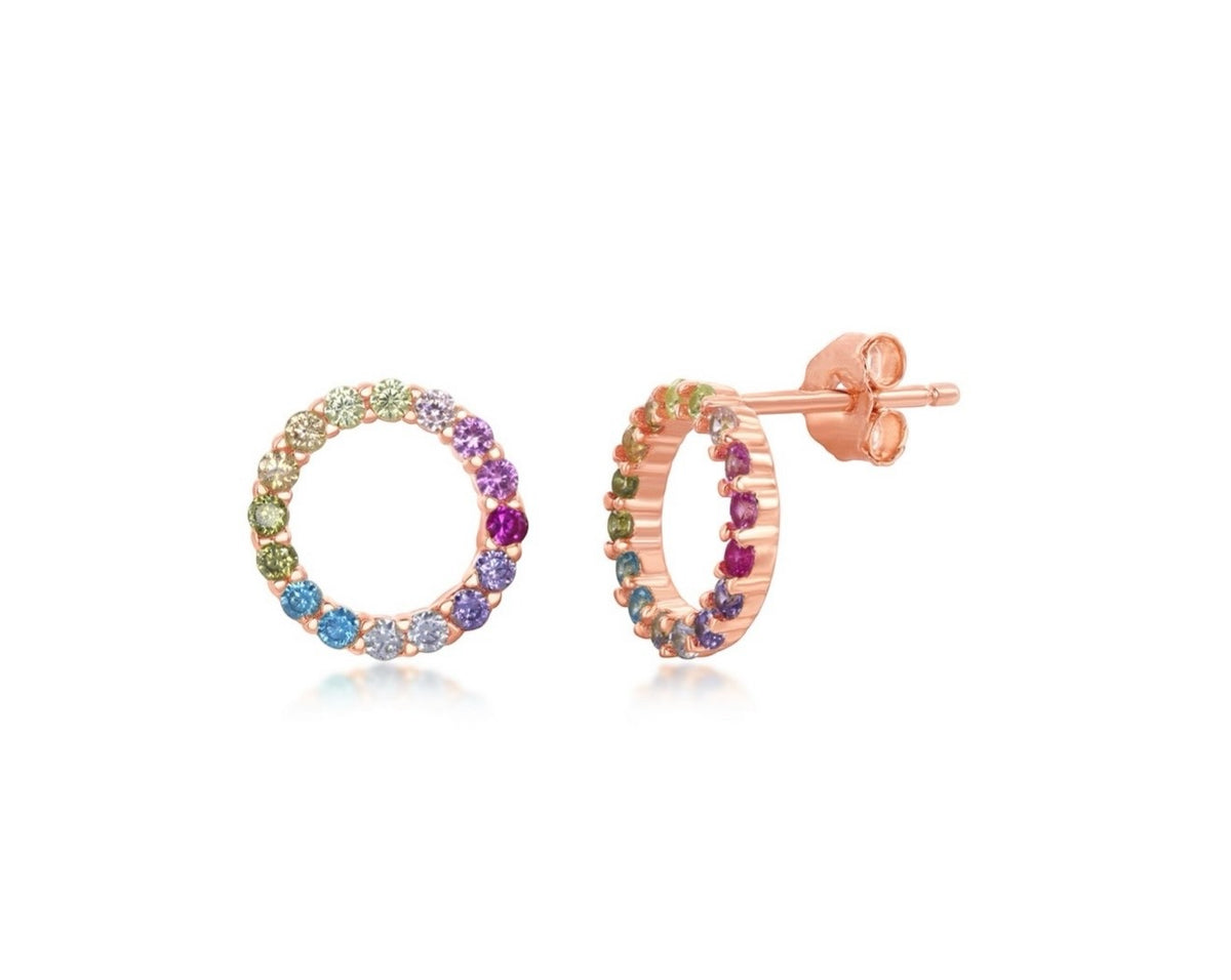 Sterling Silver Rainbow Open Circle Stud Earrings Rose Gold