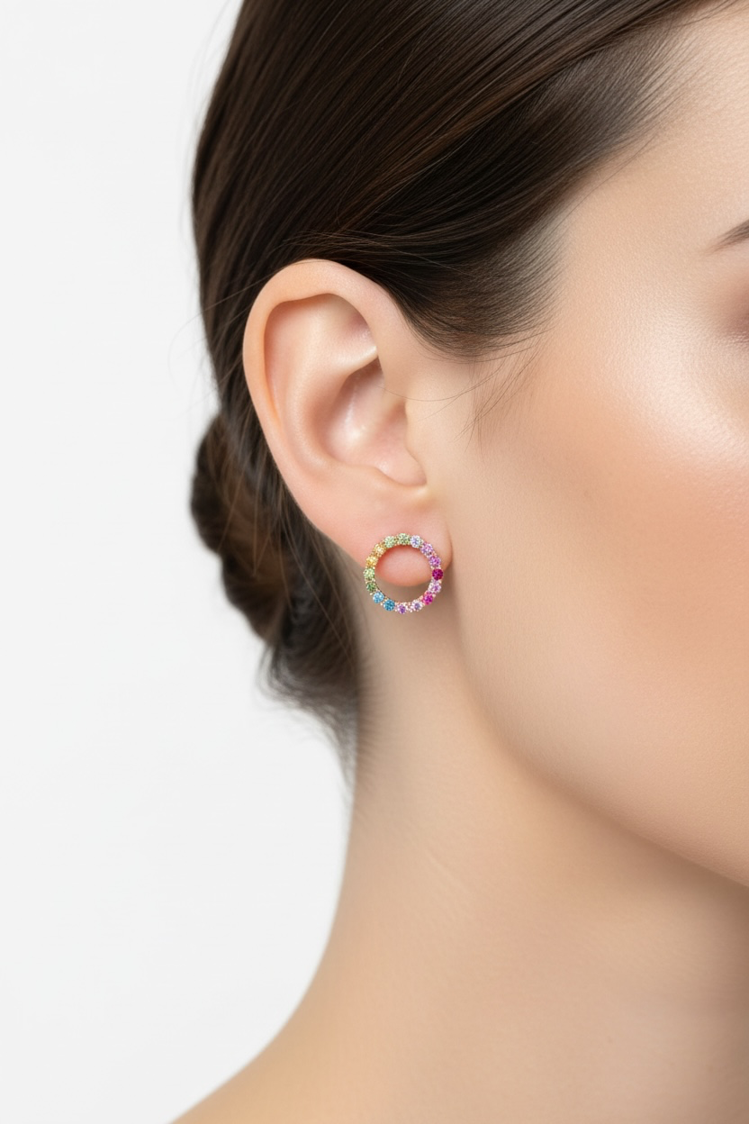 Sterling Silver Rainbow Open Circle Stud Earrings Rose Gold