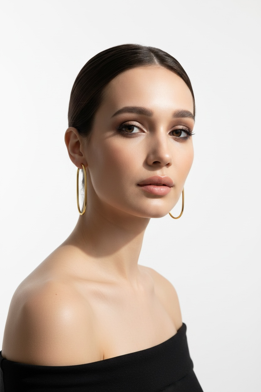 14K Real Yellow Gold, 33x20mm Oval Hoop Earrings Hoops