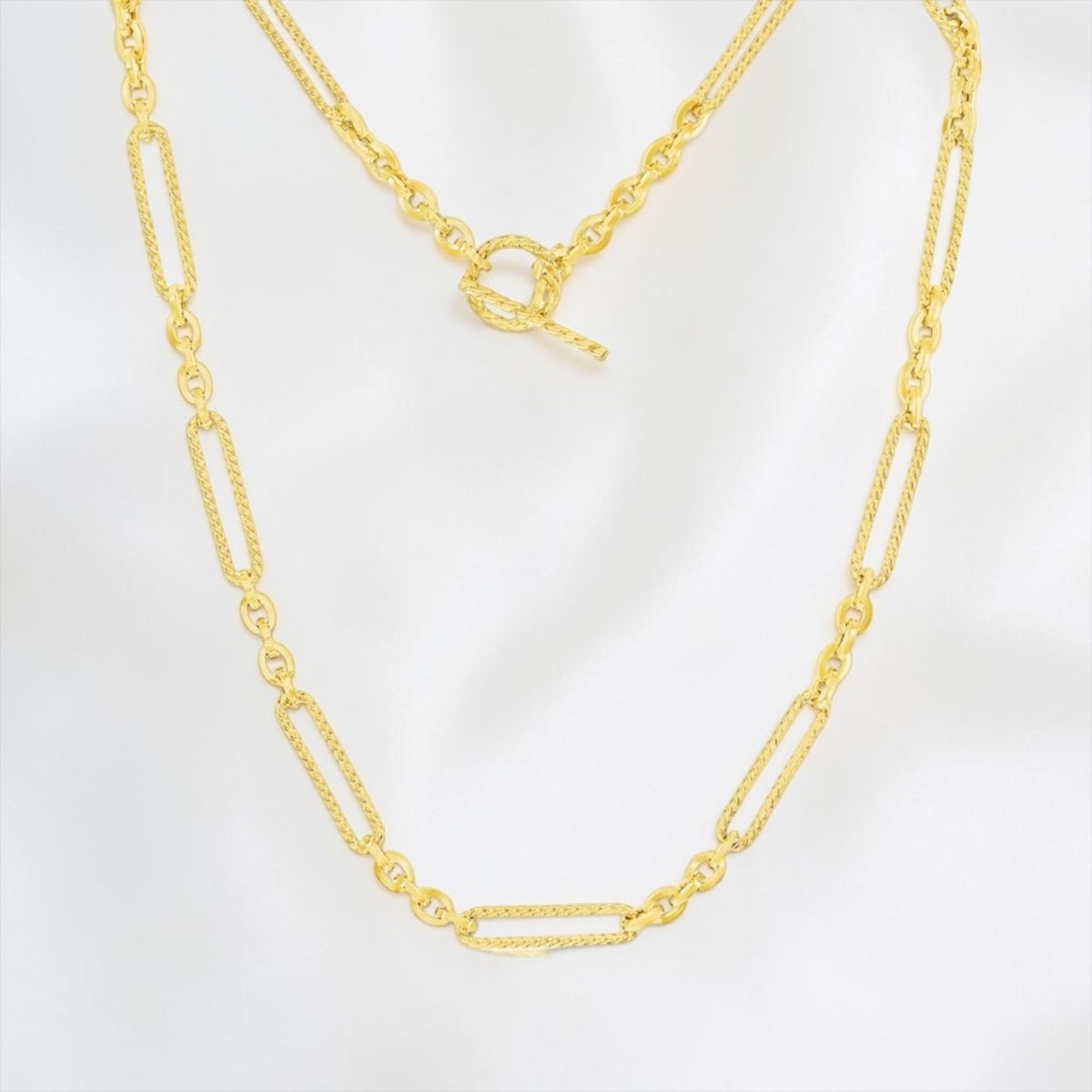14K Real Yellow Gold, Rope Design Paperclip Toggle Necklace 18” long