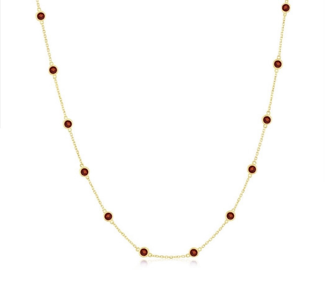 14K Real Gold 2.64ct Gemstone Station Necklace - Garnet