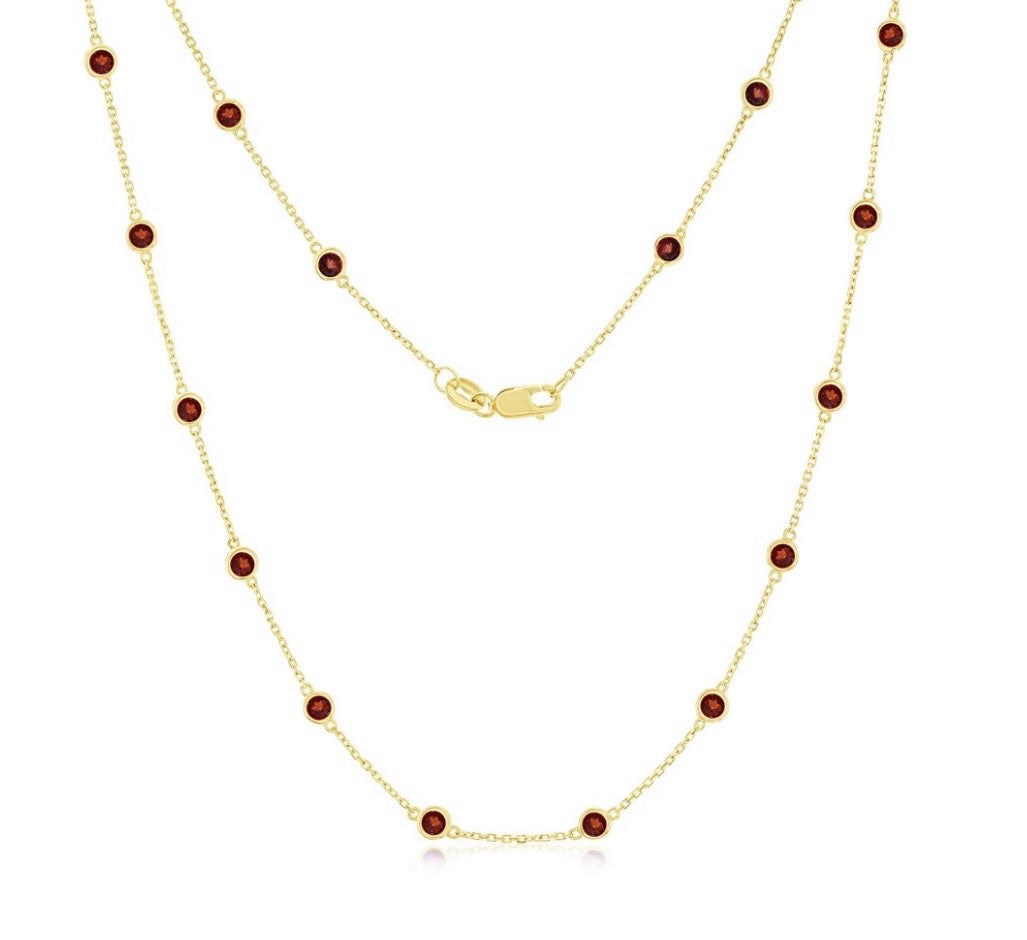 14K Real Gold 2.64ct Gemstone Station Necklace - Garnet