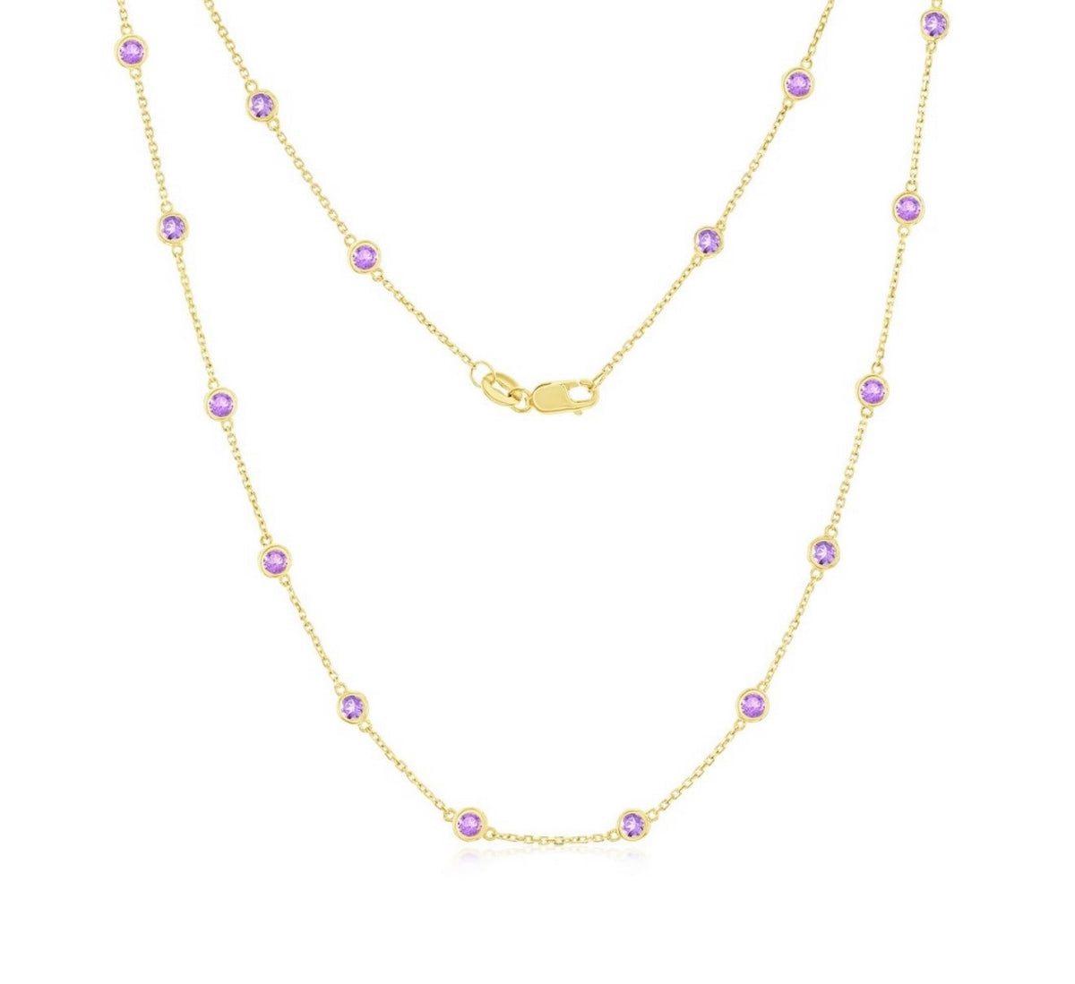 14K Real Gold 2.18ct Gemstone Station Necklace - Amethyst