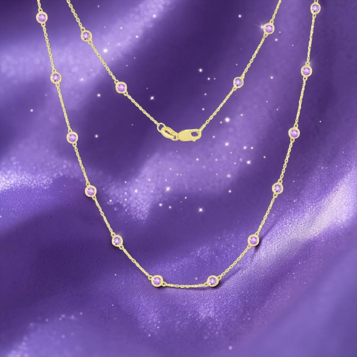 14K Real Gold 2.18ct Gemstone Station Necklace - Amethyst