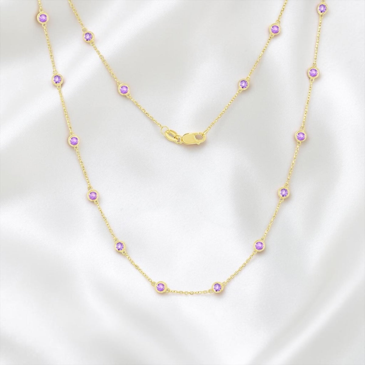 14K Real Gold 2.18ct Gemstone Station Necklace - Amethyst