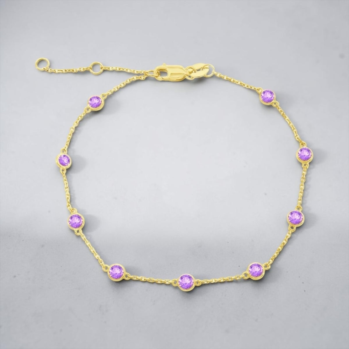 14K Real Yellow Gold 0.99ct Gemstone Station Bracelet - Amethyst