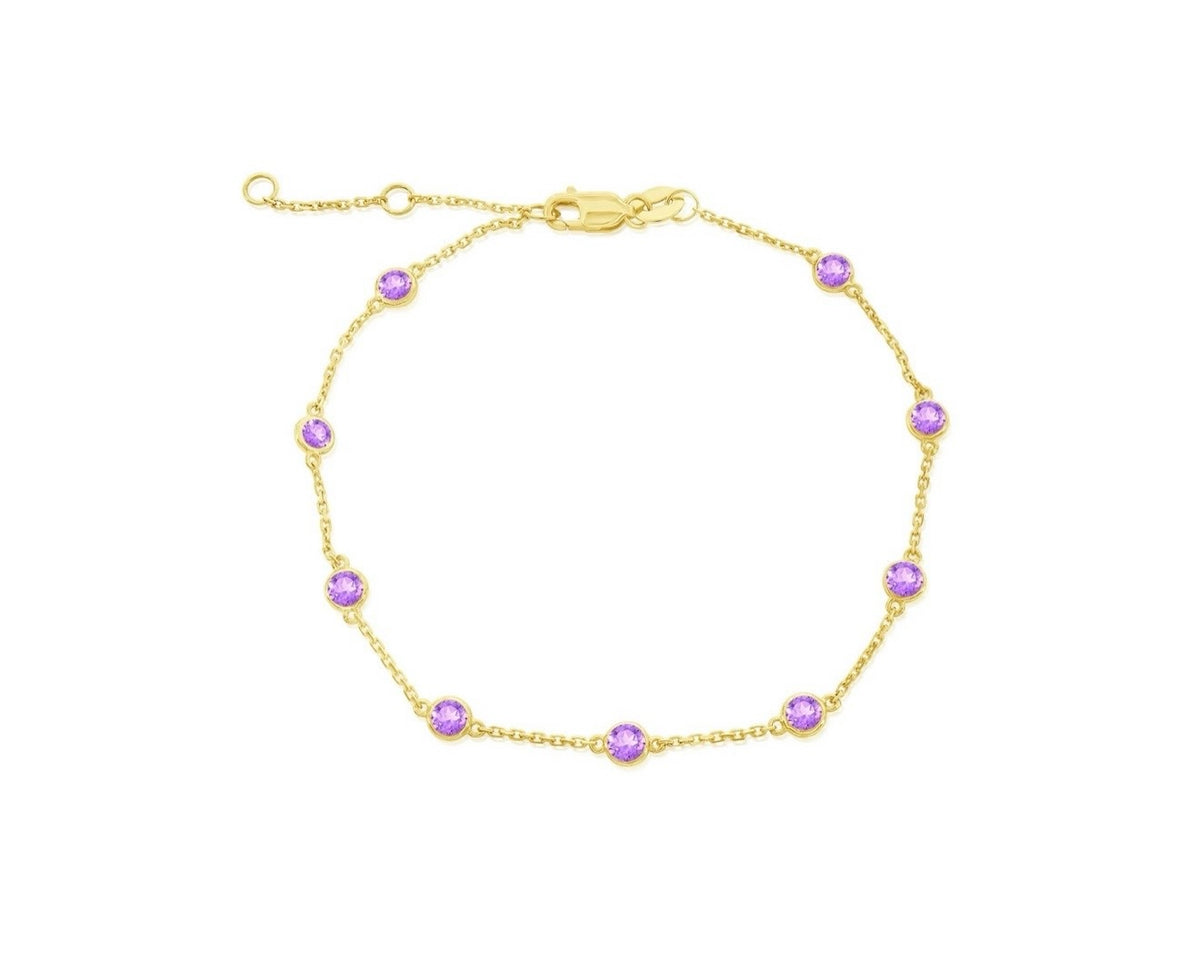 14K Real Yellow Gold 0.99ct Gemstone Station Bracelet - Amethyst
