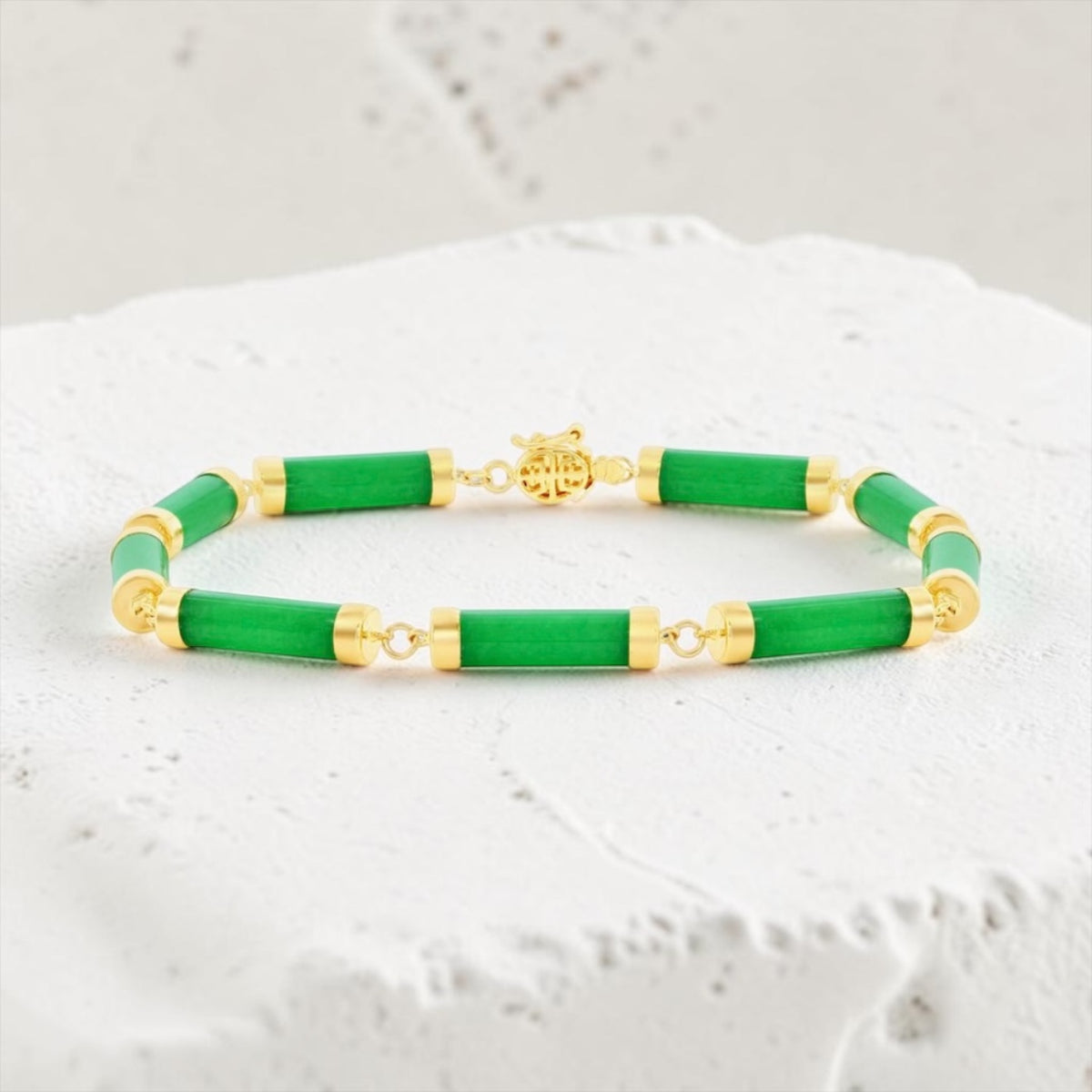 14K Real Yellow Gold Jade Linked Bars Bracelet 7 inch