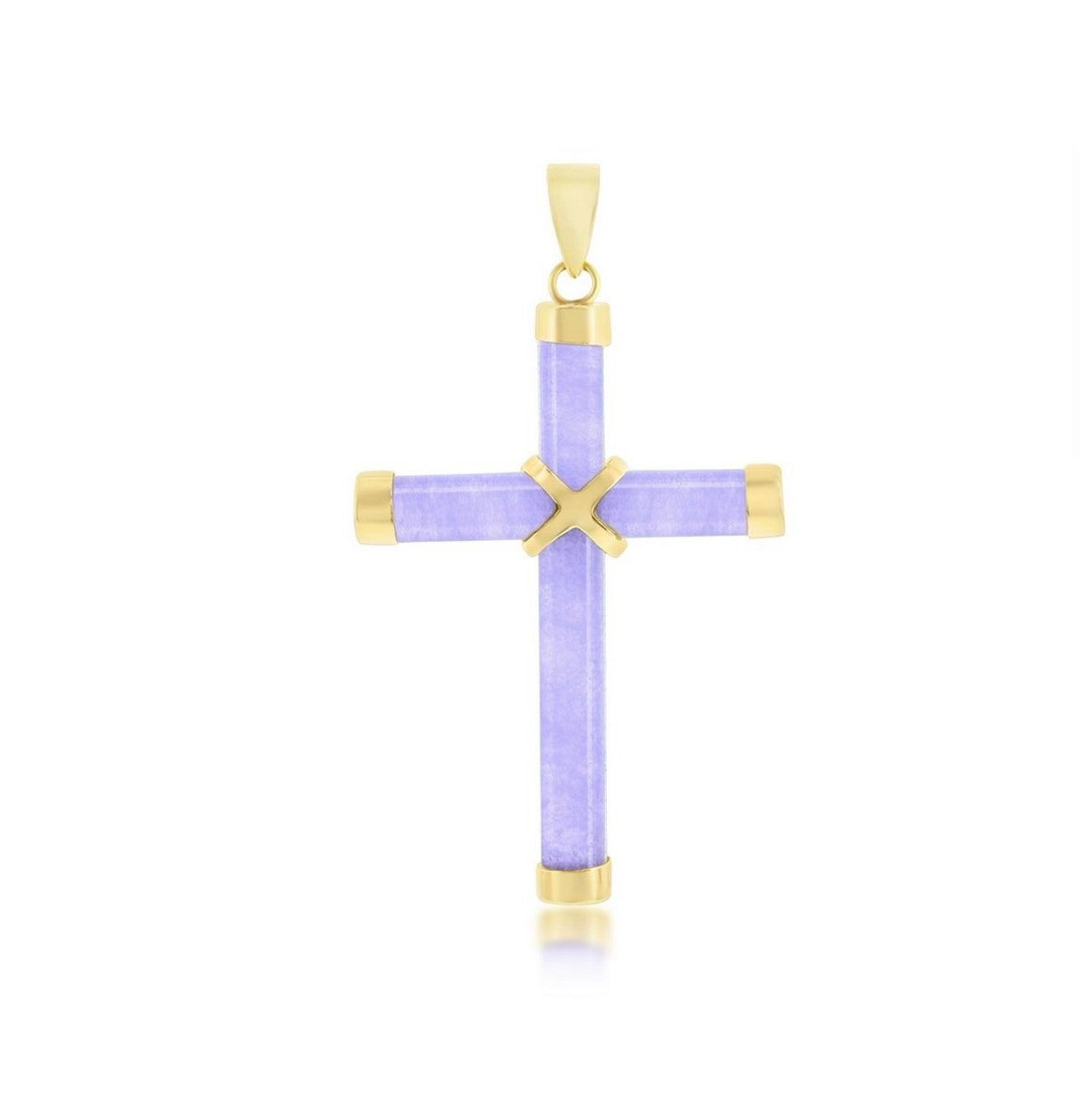 14K Yellow Real Gold Lavendar Jade Cross Pendant
