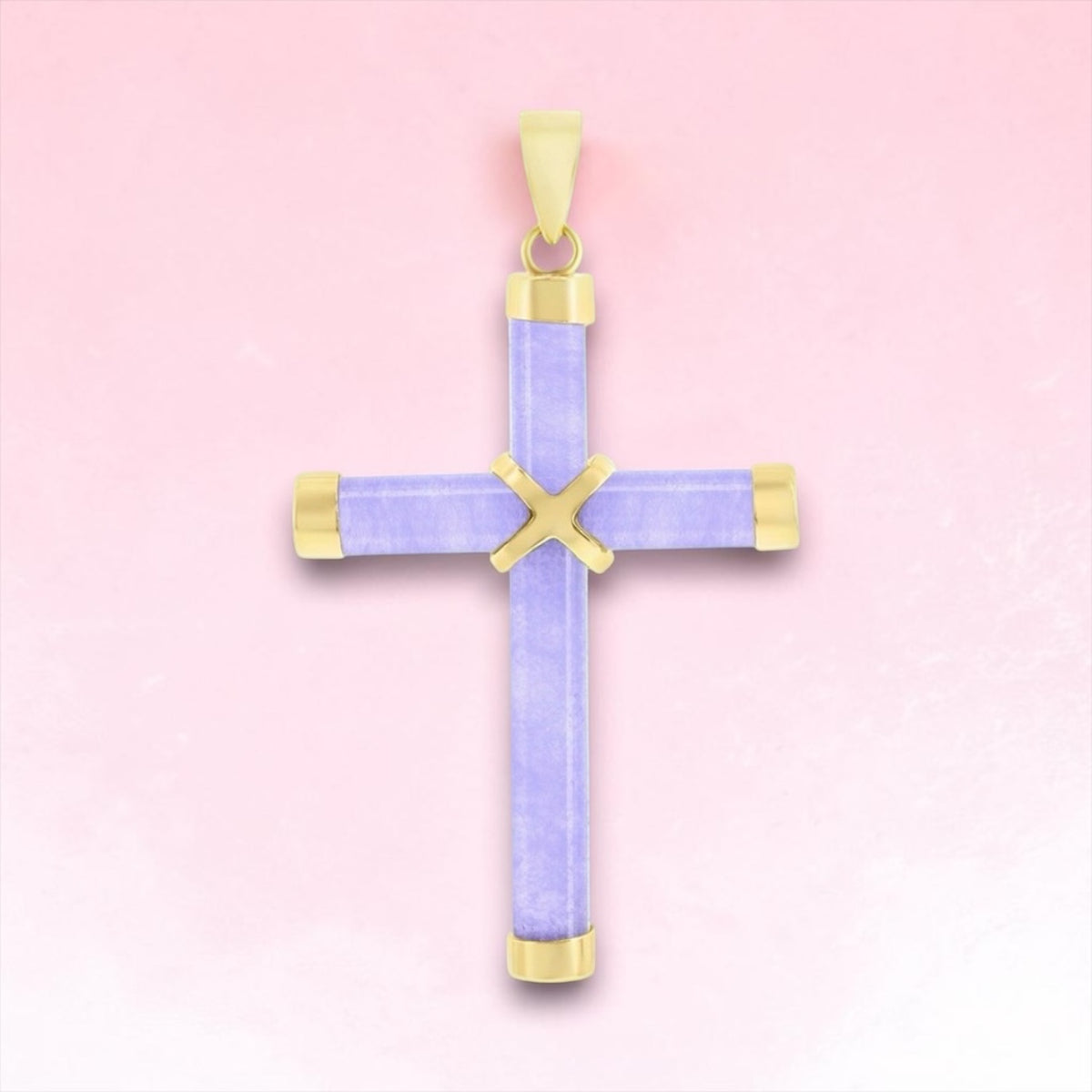 14K Yellow Real Gold Lavendar Jade Cross Pendant