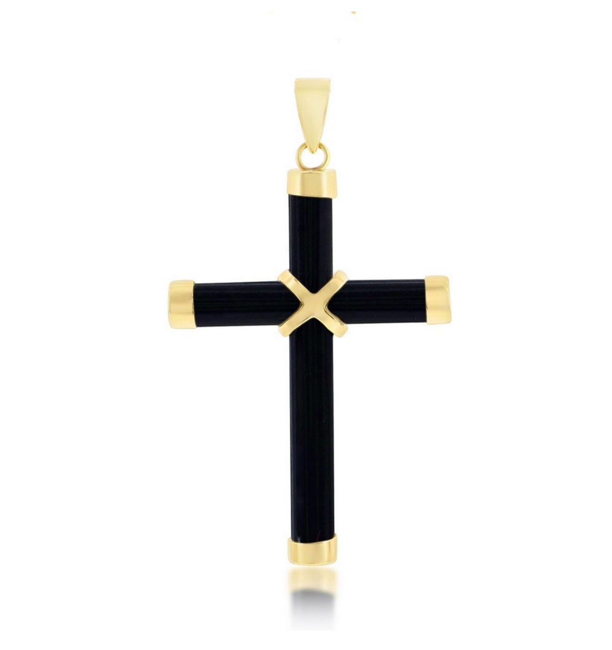 14K Yellow Real Gold Black Onyx Cross Pendant