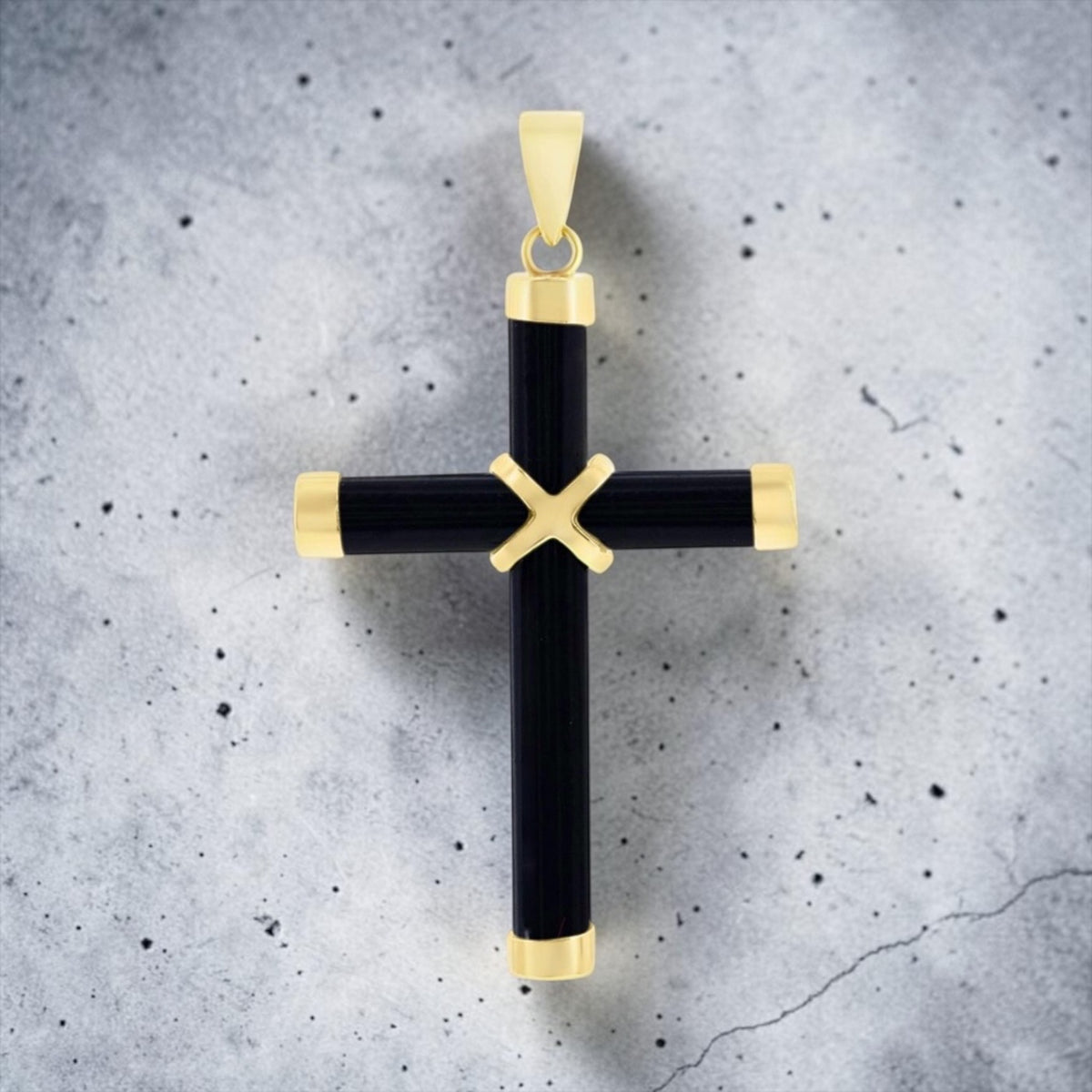 14K Yellow Real Gold Black Onyx Cross Pendant