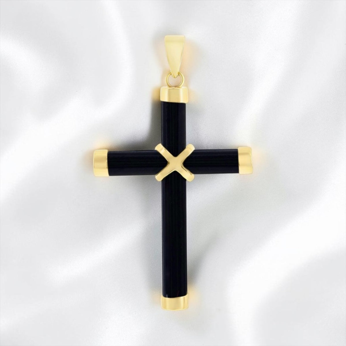 14K Yellow Real Gold Black Onyx Cross Pendant