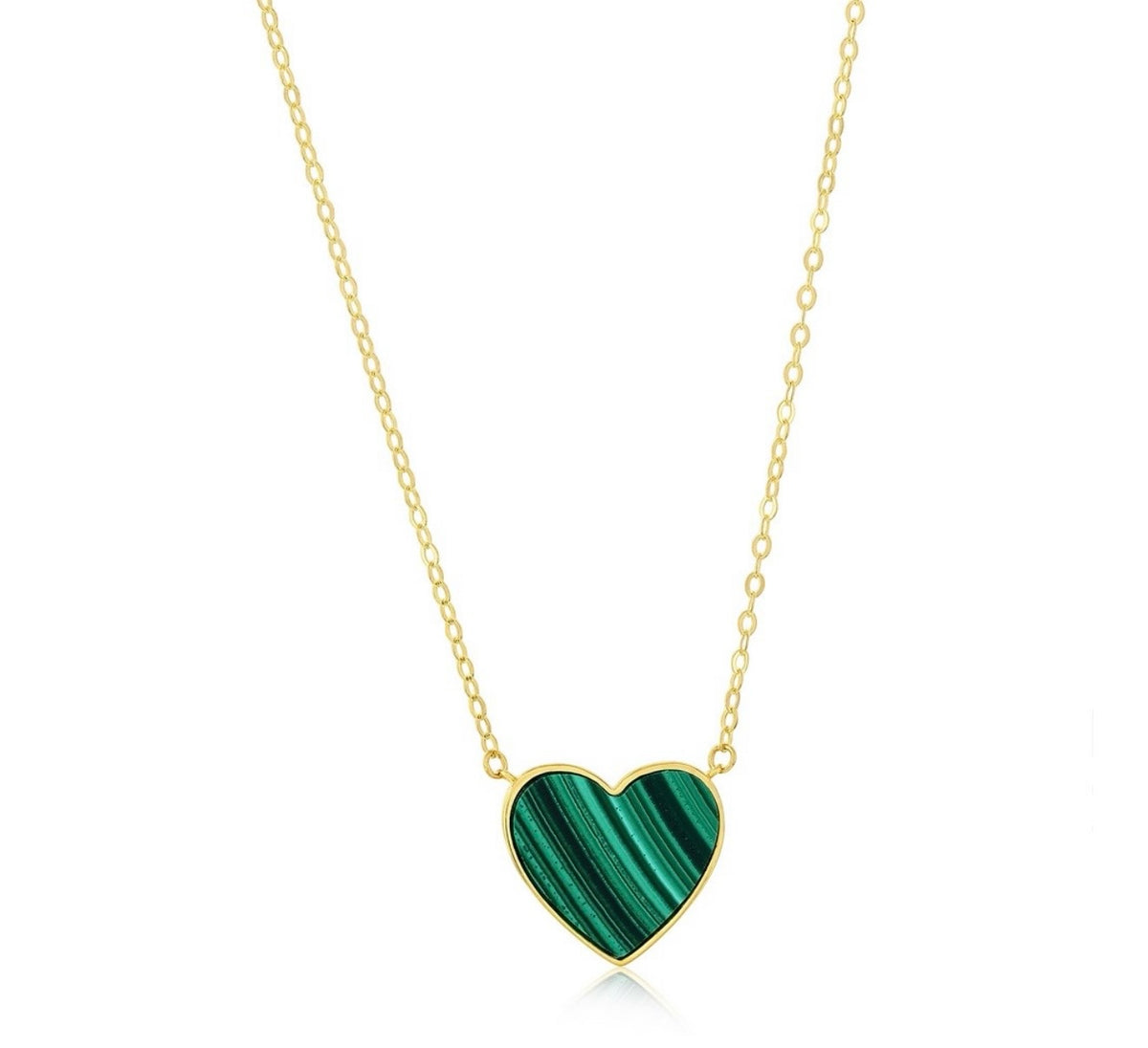 14K Real Yellow Gold, Malachite Heart Necklace