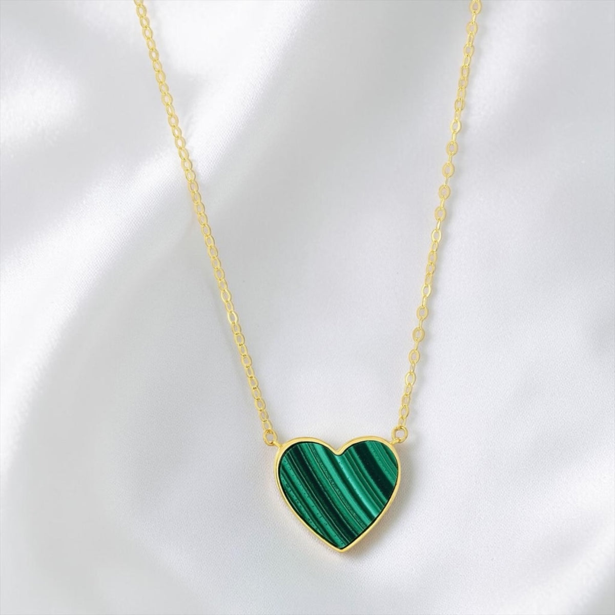 14K Real Yellow Gold, Malachite Heart Necklace