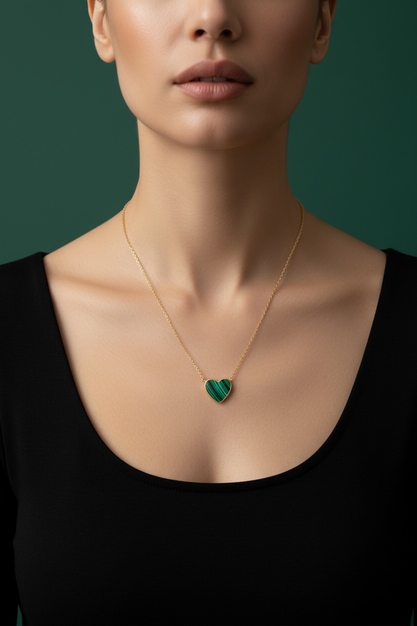 14K Real Yellow Gold, Malachite Heart Necklace
