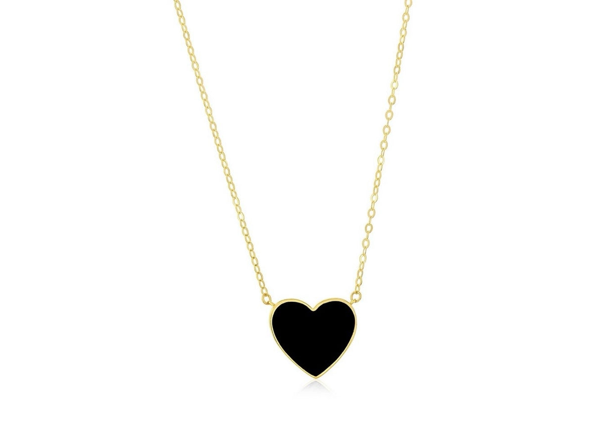 14K Real Yellow Gold, Black Onyx Heart Necklace
