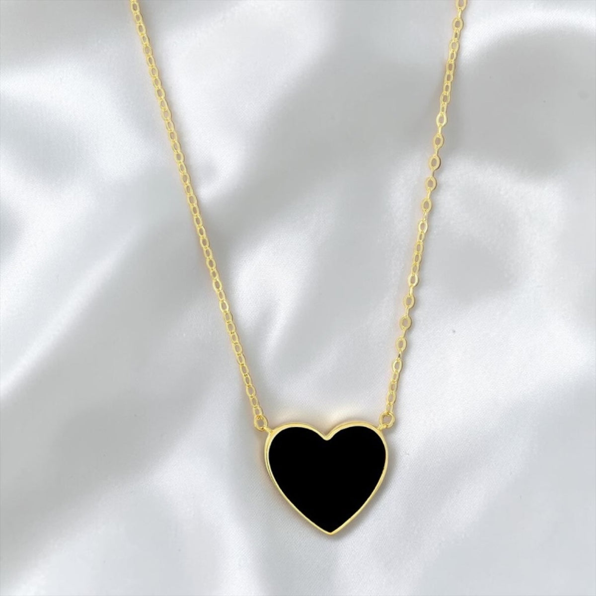 14K Real Yellow Gold, Black Onyx Heart Necklace